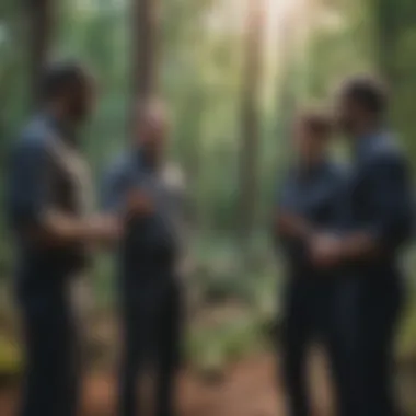 Team members participating in an outdoor trust-building exercise