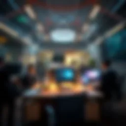 A futuristic office space featuring advanced technology