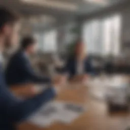 A diverse group discussing strategies for talent acquisition in a vibrant office setting